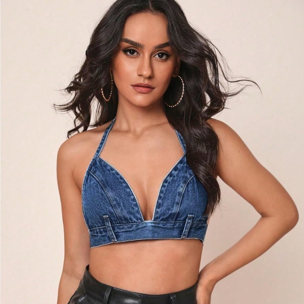Nordstrom Blue Denim Halter Jeane Y2K Crop Top
